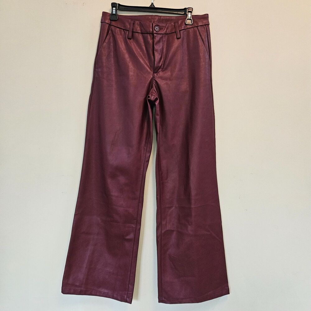 Kut from the Kloth Faux Leather Wide Leg Pants Women Sz 6 Bordeaux Wine Burgundy